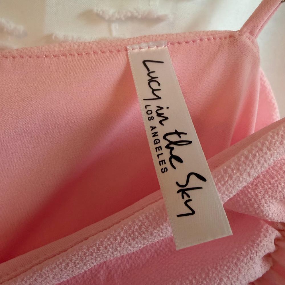 Lucy in the Sky Pink Ruched Ruffle Mini Dress Womens Medium Spaghetti Strap - Picture 3 of 4